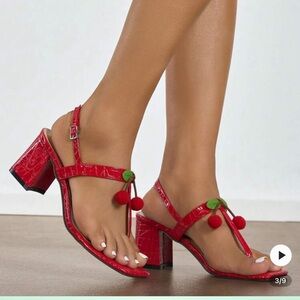 Red Strappy Sandals with Pom Poms